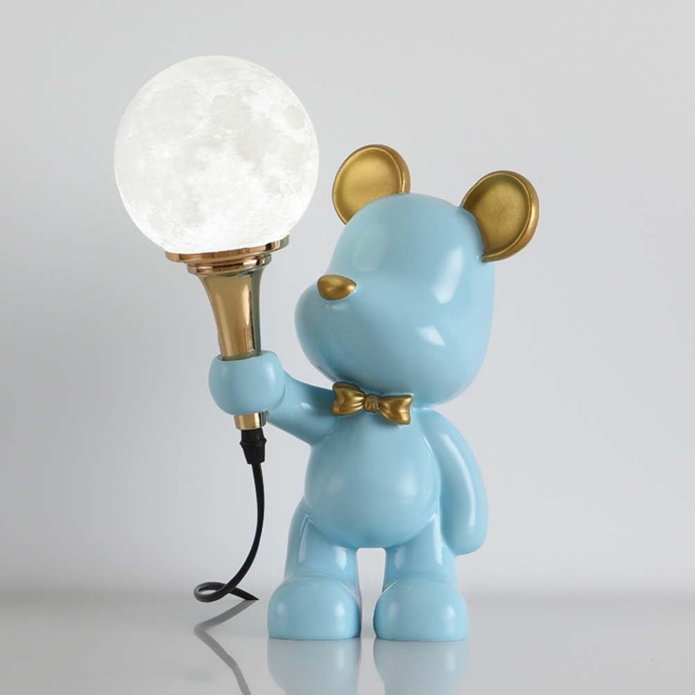 Kinderzimmer G9 Tischlampe Mond Bear Tischleuchte mit Kabel (Blau) | Kunstharz Kinder Bettlampe Cartoon Moderne Design Baby Nachtlampe für Wohnzimmer Schlafzimmer Babyzimmer mit Leuchtmittel