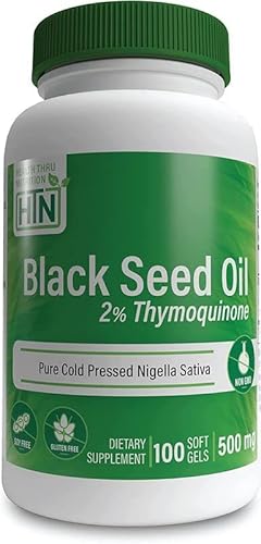 Health Thru Nutrition, Black Cumin Oil (Huile de Cumin Noir), Nigella Sativa, 500mg, Hautement Dosé, 60 Capsules molles, Testé en Laboratoire, Sans Gluten, Sans Soja, Sans OGM Cover