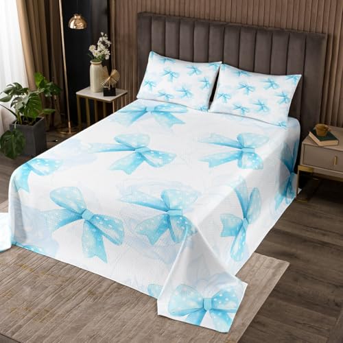 Feelyou Kids Bow Coverlet Set Twin Size, Blue Bowknot Quilted Coverlet Boys Girls Bow Tie Bedspread Teens Bedroom Decor 2Pcs