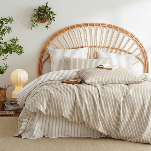Image of Nayoroom Striped Duvet Cover Queen Size Reversible Brown White Striped Duvet Cover Girls Dorm Bedding Set 3 Pieces Soft Lightweight Washed Microfiber Farmhouse Bedding Set