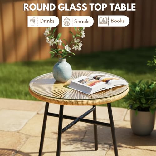 Image of DEVOKO Outdoor 3 Piece Beige Rope Patio Balcony Conversation Set for All Weather Comfort Breathable & Weather Resistant Metal Frame for Garden, Pool, Porch, Deck