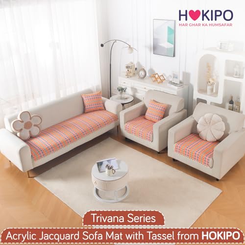 Image of HOKIPO 300 GSM Cotton Acrylic Jacquard Sofa Cover Mat for 5 Seater (3+1+1) with Tassel, 'Trivana Series' Coral Orange (IN-936+933-J2*2)