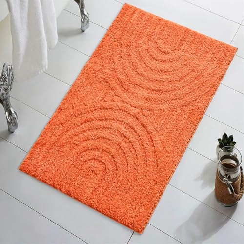 Lansatte Boho Rustic Bath Mat Orange Non-Slip 16W x 24L Modern Farmhouse Minimalist Rainbow Tufted Bathroom Rugs Rubber Backed Bohemian Geometric Bath Rug Microfiber Absorbent Floor Mat