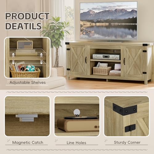 YESHOMY Modern Farmhouse TV Stand with Two Barn Doors and Storage Cabinets for Televisions up to 65+ Inch,Entertainment Center Console Table,Media Furniture for Living Room,Yellow Oak
