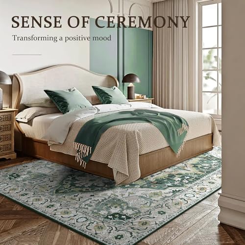 Green Boho Area Rug 6x9 Washable Large Vintage Rug for Living Room Bedroom Office Kitchen Entrance Dining Room Non Slip Soft Low-Pile Farmhouse, Green/Multi