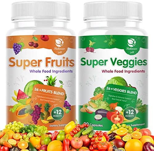 Fruits and Veggies Supplement with Probiotics - 90 Fruit and 90 Veggie Capsules with 120+ Vitamins and Minerals - Supports Energy Levels & Antioxidant - Vegan Friendly - Made 90 Count (Pack of 2)