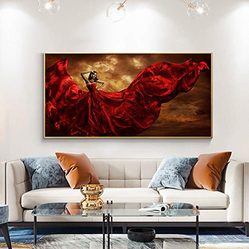 Cuadro de mujer con falda roja para sala de estar y decoracion de interiores nordica 2