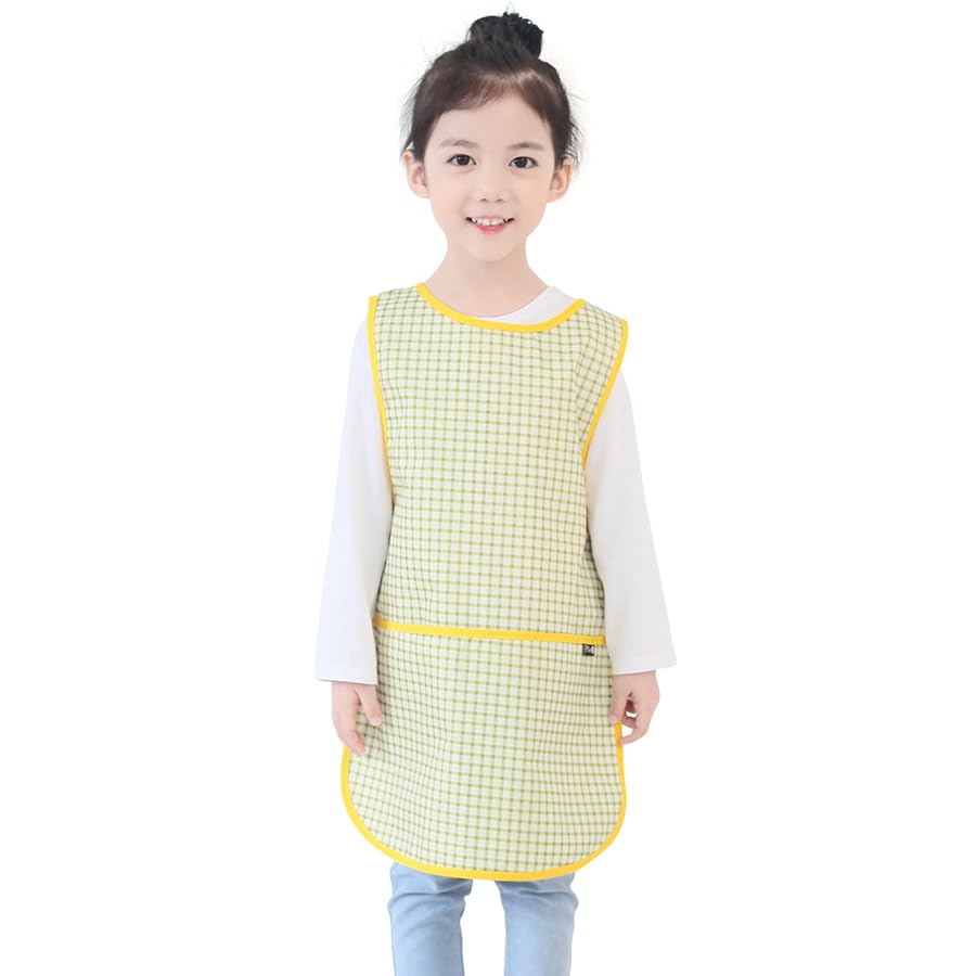 Kids Waterproof Art Tabard | Sleeveless Messy Play Painting Smock for Toddlers | Size S–XL | Kids Artist Apron for School, Daycare, Crafts, Green Check (17-M) — image 1