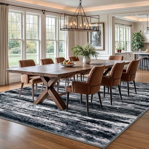 KOZYFLY Rugs for Living Room 8x10 Modern Ombre Living Room Thin Area Rug, Washable Large Area Rugs Non-Slip Soft Striped Rug for Bedroom, Black Navy Blue Grey Abstract Carpet for Laundry/Kid Room