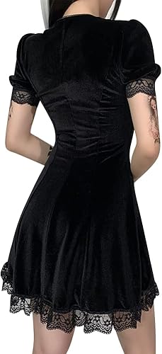 Vista 2 de IKADEX Vestido gótico para mujer, estilo vintage, de encaje, estilo grunge, punk, gótico, casual, cosplay, fiesta, cóctel