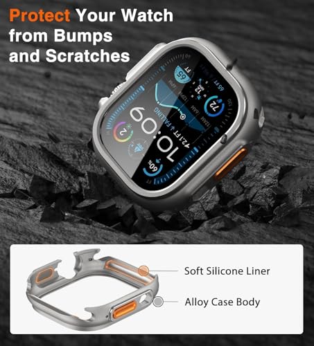 Image of ULTIMAL 3 in 1 Alloy Case for Apple Watch Ultra 3 /2 /1 49mm with Dual-Layer Shockproof Bumper, 9H Tempered Glass Screen Protector & Ceramic-Like Back Cover, Silver