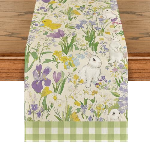 Artoid Mode Rabbits Ducks Floral Leaves Easter Table Runner Seasonal Spring Kitchen Dining Table Decoration for Home Party Decor 13×72 Inch