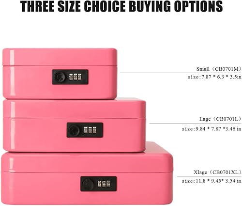 Miniatura 4 de Jssmst - Caja fuerte grande con cerradura de combinación, caja de metal duradera con bandeja de dinero, color rosa, 11.8 x 9.8 x 3.5 pulgadas,