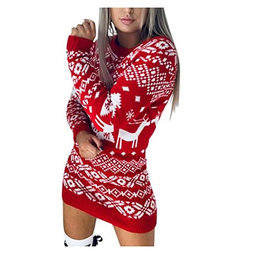 Vestido de Navidad para mujer de punto, vestido de suéter ajustado, cuello redondo, corto, abetos de Navidad, chic y encantador, Xmas Sweater Dress de gran tamaño, Merry Christmas Corte ajustado