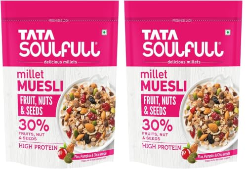 Image of Tata Soulfull Fruit Nuts & Seeds Millet Muesli, 500g, Source of Protein, Rich in Fibre, 30% Fruit, Nut & Seeds, Contains Ragi & Jowar, Contains Almonds, Flax Seeds, Chia Seeds, Pumpkin Seeds