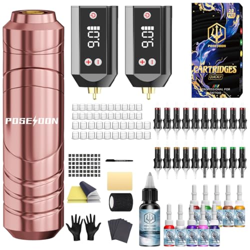 POSEIDON Tattoo Gun Kit Rotary Tattoo Machine with 2×1200mAh Capacity Tattoo Batteries Tattoo Pen 20 Tattoo Cartridge Needles Black & Color Ink Set tattoo kit for beginners complete set