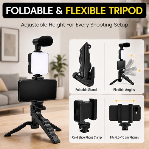 Image of Sounce 6-in-1 Vlogging Kit with Tripod | Mini LED Light, Cardioid Microphone & Phone Clip | Compatible with iPhone & Android | for YouTube, Instagram, Live Streaming & Video Calling