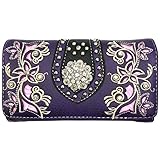 Justin West Rhinestone Concho Western Laser Cut Wristlet Trifold Wallet Attachable Long Strap (Purple)