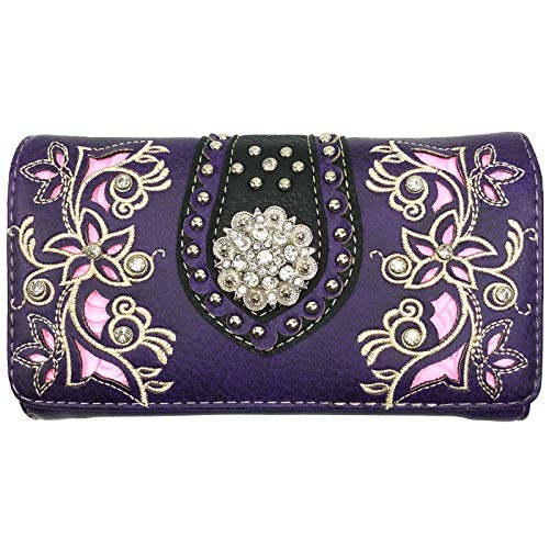 Justin West Rhinestone Concho Western Laser Cut Wristlet Trifold Wallet Attachable Long Strap