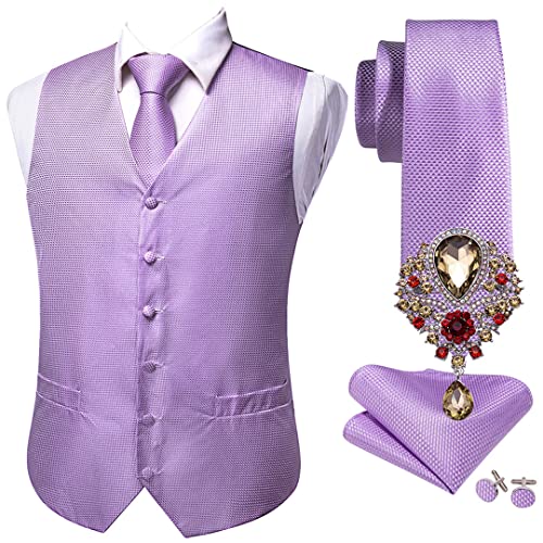 Mens Wedding Suit Vest Light Purple Solid Jacquard Folral Silk Waistcoat Tie Brooches Vest Set Groom
