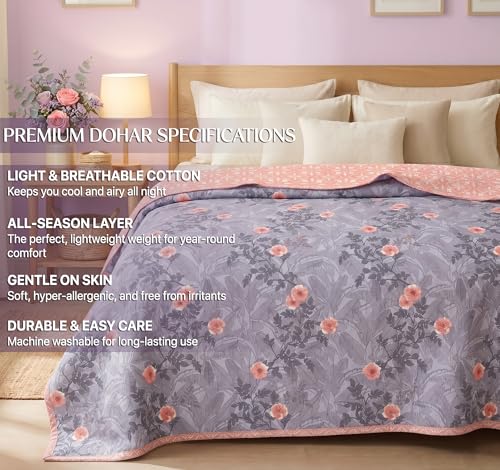 Image of HOMEKART Luxury Cotton Dohar Blanket for Double Bed | Ultra Soft Reversible AC Quilt | Floral Printed Lightweight Summer Blanket | 88x85 Inches (Lavender Mist)