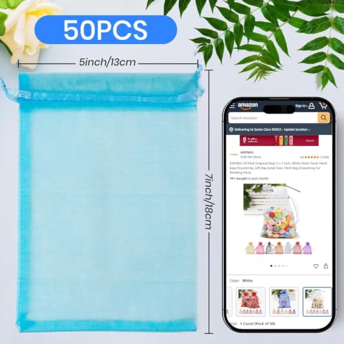 Image of ANZNKU 50 Pack Lake Blue Organza Bags 5x7 Inch, Mesh Bag Drawstring for Jewelry Crafts Party Favors, Small Mesh Gift Bags for Baby Shower, Easter Gifts, Wedding Party