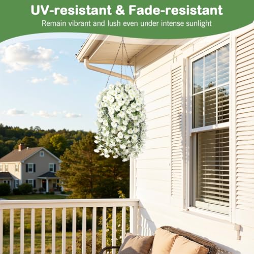 Image of Lewondr 2PCS Artificial Hanging Flowers UV Resistant Silk Petunias, White | 29.5 inch Morning Glory, No Watering Needed, Fade Proof, for Porch Patio Yard Baskets, Spring Summer Decor, Indoor Outdoor Use