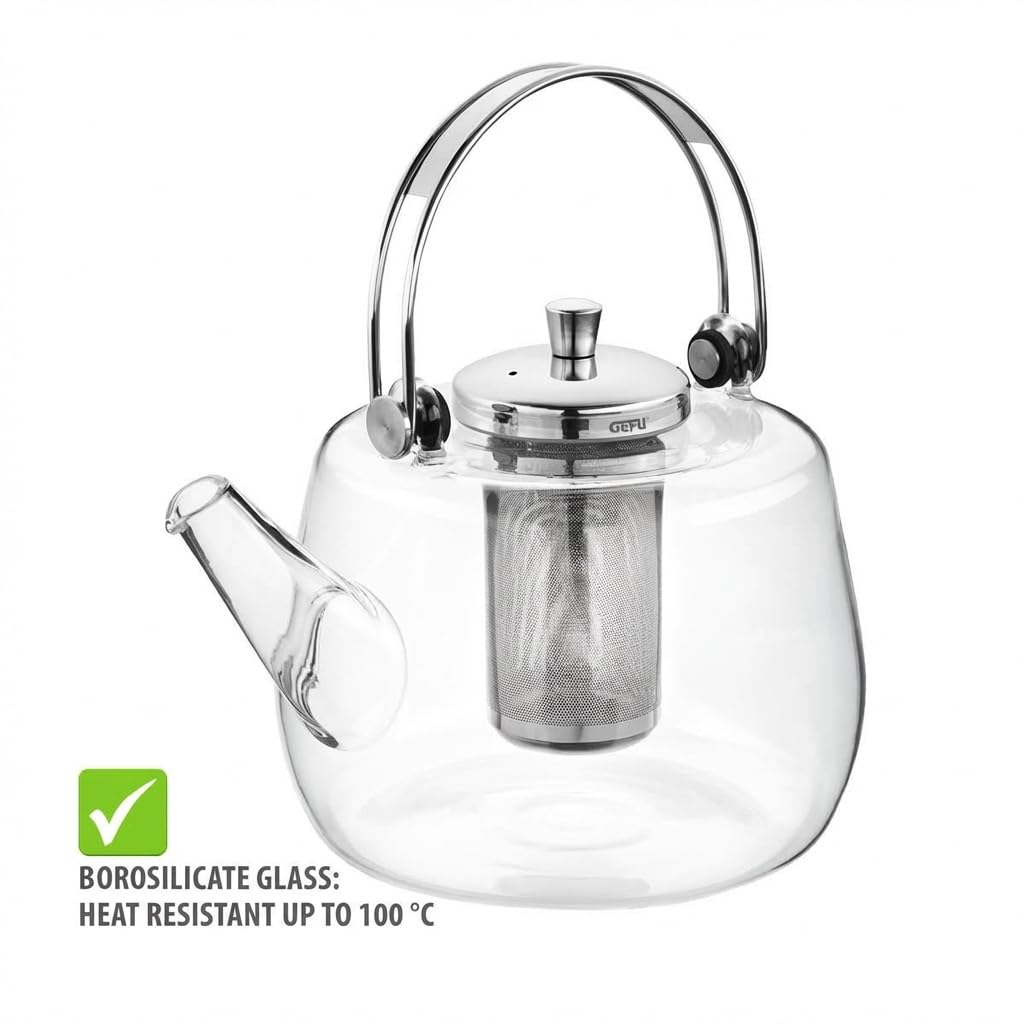 GEFU Infusa - Tetera de cristal con filtro y tapa de acero inoxidable (1000 ml) | Vidrio de borosilicato, resistente al calor hasta 100 °C, para té suelto, 1 litro para 5-6 tazas, apto para lavavajillas