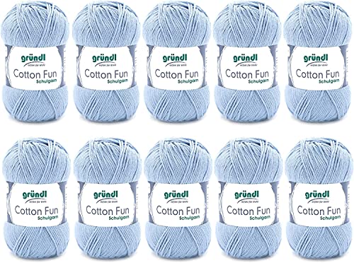 Gründl Cotton Fun Baby Blue Soft 100% Cotton Knitting Yarn Oeko-Tex Certified 50g/115m Needle Size 3-4 - 10 Balls of 50g