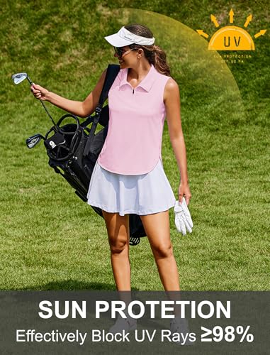 Image of PINSPARK Women Golf Shirts Sleeveless UPF 50+ Tennis Polo V-Neck Quick Dry Athletic T Shirt 1 /4 Zip Collar Workout Tank Top