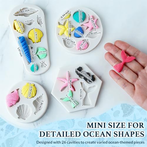 Image of HKNMTT Marine Themed Silicone Mold for Polymer Clay Fondant, Seashell Mermaid Tail Starfish Ocean Seahorse Air Dry Clay Craft Cake Decor Wax Melt Chocolate Candy Mould DIY Cupcake Toppers BPA Free