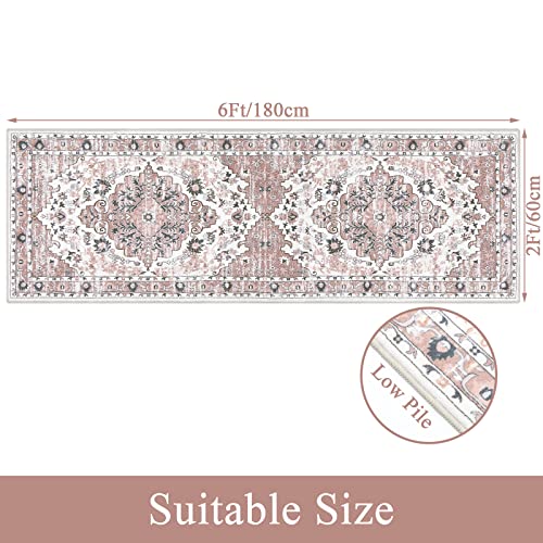Ileading Boho Pink Runner Rug 2' X 6' Non Slip Runner Rug For Hallway Washable Kitchen Rugs Laundry Room Mats Floor Carpet Runners For Entryway Hallway Kitchen Bedroom, Distressed Pink #TOP4