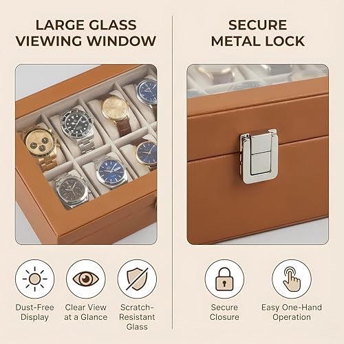 Image of Folk Creations Watch Box Organizer for Men & Women - 12 Slot Double Layer Luxury Watch Case, Premium PU Leather Jewelry Display Case with Transparent Top, Large Watch Holder & Tray Storage (Tan)