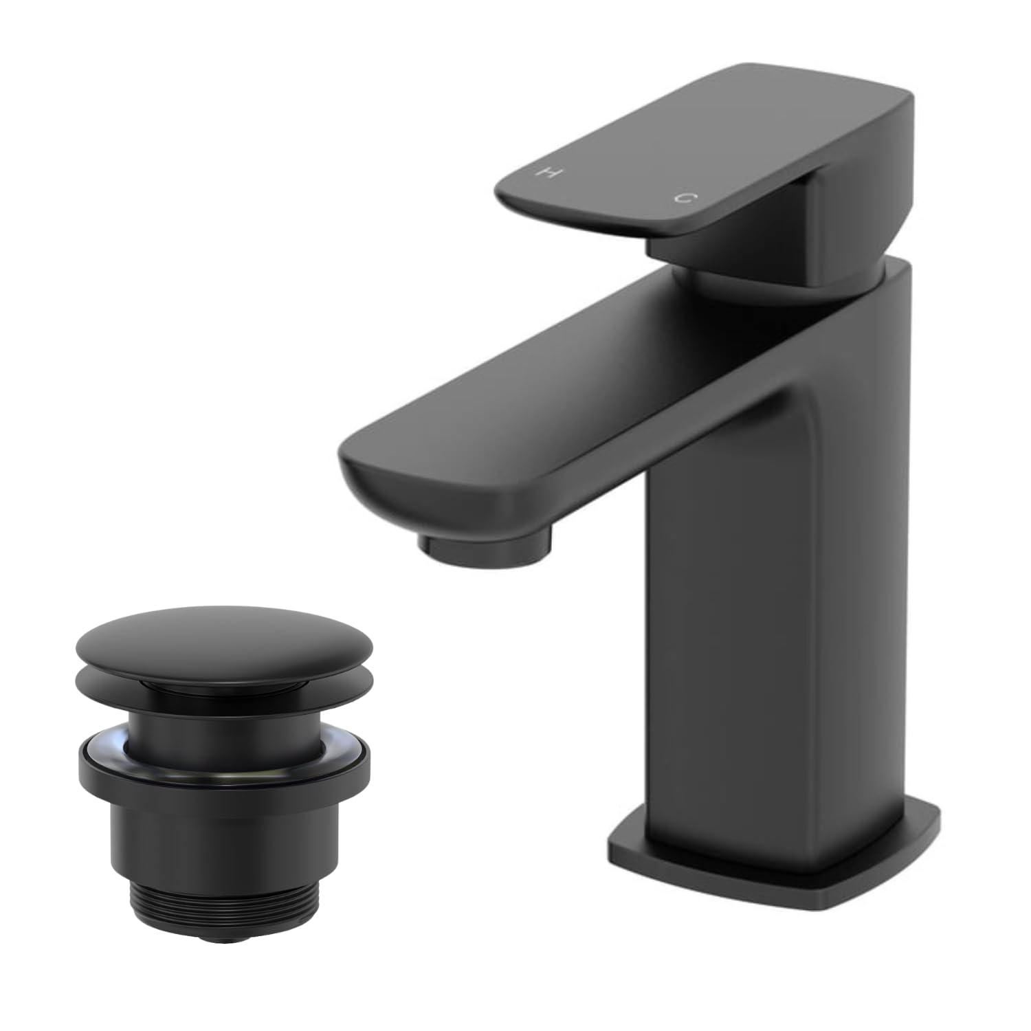Architeckt® Matera Bathroom Cloakroom Basin Sink Mixer Tap and Waste Set Deck Mounted Square Single Lever Handle Modern, Matt Black