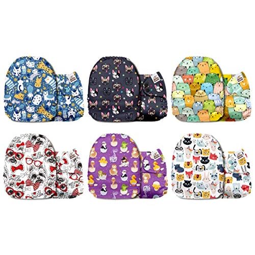 Mama Koala 3.0 Cloth Diapers for Babies with AWJ Lining, 6 Pack with 12 5-Layer Bboo(No Microfiber) Cloth Diaper Inserts - Reusable and Washable Pocket Diapers(12-My Warm Heart)