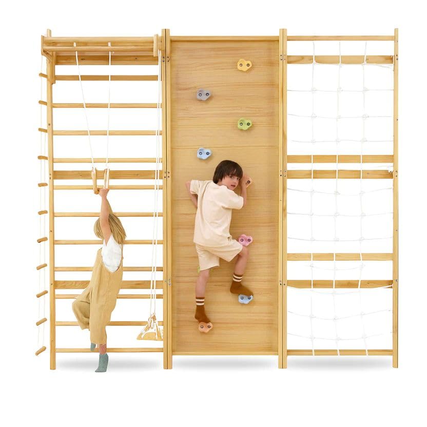 Image of Avenlur Walnut 9-in-1 Swedish Ladder Wall Gym Kids, Indoor Climbing Wall | 2 Heights: 78.8 inch or 94.5 inch Montessori Indoor Playground & Jungle Gym, Rock Climbing Wall for Kids, Rope Ladder, Slide, Swing