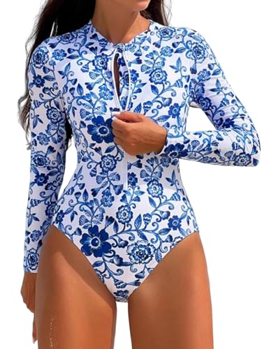 Image of ZAFUL Women's Long Sleeve Rash Guard Swimsuit One Piece Zipper Surfing Bathing Suit
