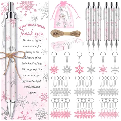 EYNDYN 145 Pieces Little Snowflake Baby Shower Favors for Guest Pink Girl Ballpoint Pens and Keychains Gifts Bulk Winter Retractable Baby Shower Pens Gender Reveal Thank You Cards Souvenirs Prizes