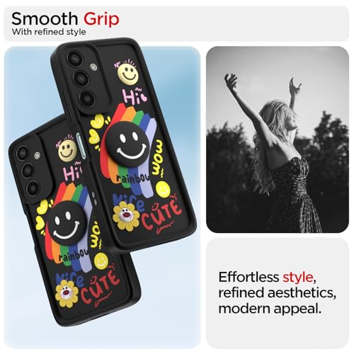 Image of Pikkme Back Cover for Samsung Galaxy M35 5G | Soft Silicone| Cute Rainbow Smile & 3D Cartoon Flower Design | Shockproof Raised Camera Protection Bumper Case (Black)