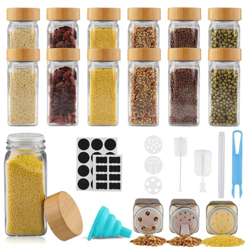 Vexillic Botes Especias Cristal, 12pcs Tarros Especias 120ml Frascos Especiarias con Tapa Spice Jars incluir Embudo Tamiz Cepillo Limpieza Etiquetas Bolígrafo