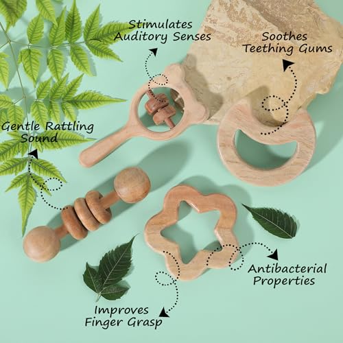 Image of Babbles Neem Wood Teethers for Babies | Wooden Teethers for 6 to 12 Months Baby | Natural and Antibacteria (Star + Moon + Dumbbell + Micky)