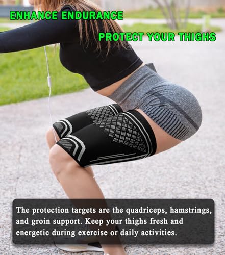Image of 1 Pair Thigh Compression Sleeve for Men and Women, Upper Leg Sleeves, Anti Slip Hamstring Compression Sleeve for Pulled Muscle Relief, Running, Workout, Sports Recovery (Black and White, Large)