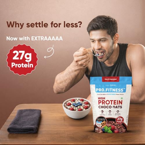 Image of PRO.FITNESS 27g High Protein Oats 900g (By MyFitness) | Dark Chocolate Oats with Almonds, Pumpkin Seeds and Raisins| Chocolate Rolled Oats with Jaggery - No Refined Sugar | Breakfast Cereals