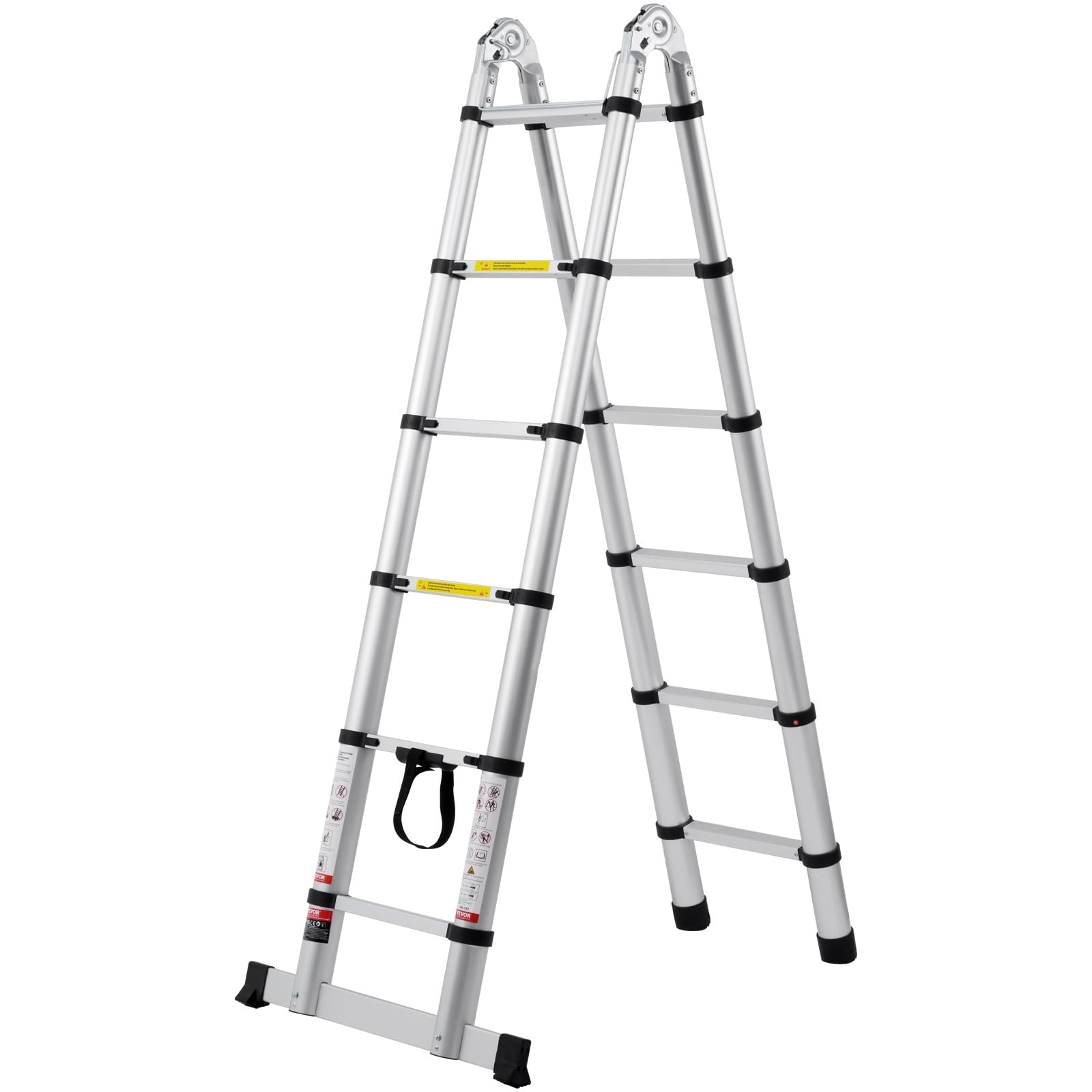VEVOR Drabina teleskopowa, 1,85-3,79 m, aluminiowa drabina wysuwana w kształcie litery A, lekka, składana drabina z wielokrotnym wcięciem, nośność 170 kg z drążkiem stabilizującym, wielofunkcyjna