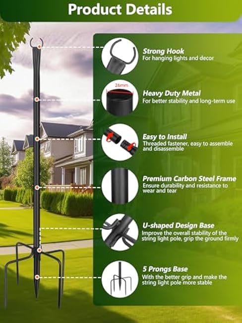 String Light Poles for Outside 4 Pack, 10ft Metal Outdoor String Light Poles for Deck - Ideal for Patio, Garden, Yard, Front Porch Decorations, Black