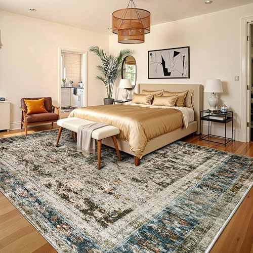 Image of AMERLIFE 8'x10' Area Rug, Machine Washable Vintage Area Rug- Soft Carpet with Non-Slip Backing for Living Room, Bedroom, Hallway- Retro Brown