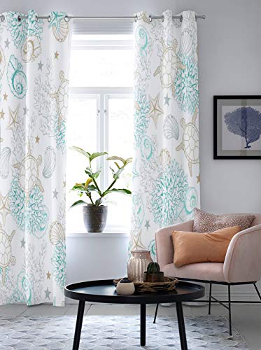 T&H Xhome Draperies & Curtains,Marine Ocean Sea Turtle Coral Shell Starfish Window Curtain, 2 Panel Curtains For Sliding Glass Door Bedroom Living Room 80" W By 84" L #TOP4