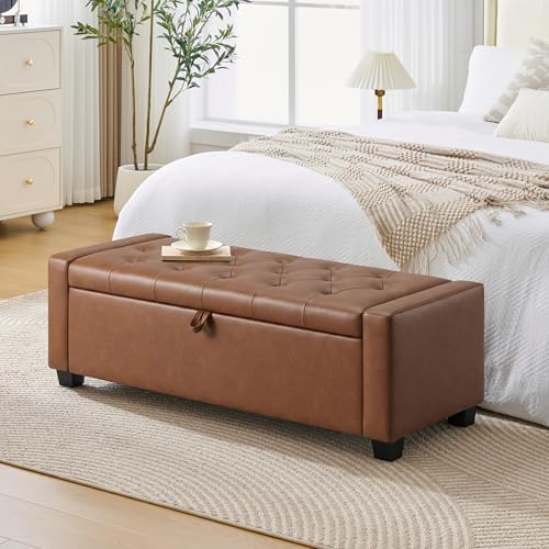 Image of Huatean Home 48 inch Ottoman with Storage, Storage Ottoman Bench with Safety Hinge, Upholstered Entryway Bench with Seating for Bedroom, Living Room, Holds up to 330 lb, Brown