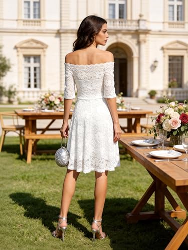 Image of Atnlewhi Womens Vintage Lace Floral Off Shoulder Elegant Swing Dresses A-line Mini Dress for Party Cocktail Wedding