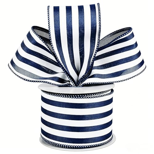 Meseey Navy Blue and White Stripe Wired Ribbon 2.5 Inch x 10 Yards Nautical Wired Edge Striped Ribbon for Gift Wrapping Wreaths Birthday Wedding Baby Shower Crafts & Party Decorations